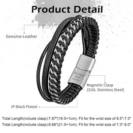 murtoo Mens Bracelet, Premium Leather Bracelet for Men in Silver and Black Chain, Stainless Steel Bracelet with Detachable Clasp, Gift for Husband Boyfriend Father (7.87", Black Leather&Silver Chain)