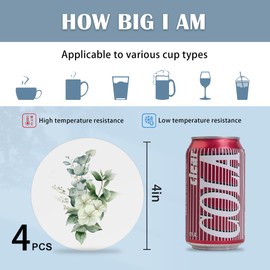 Coasters for Drinks,Set of 4 Absorbent Coasters, Watercolor Eucalyptus Leaves Flower Ceramic Coasters with Cork Base,Cup Coaster for Coffee Table Protection,Gifts for Housewarming Birthday