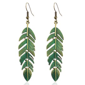 ANDPAI Handmade Boho Floating Feathers Dangle Drop Earrings Lightweight Vintage Green Bronze Statement Leaves Earrings with Detailed Texture Earring for Women (Green)