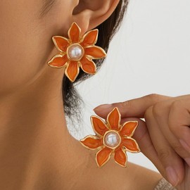 Gold Flower Earrings for Women Gold Rhinestone Pearl Earring Spring Earrings Summer Floral Statement Earring Jewelry Accessorie (B-Orange)