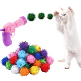 Dorhui Cat Toy Balls with Launchers Set, 30 Pcs Sparkle Pom Pom Balls for Cat,Cat Enrichment Toys,cat Toys for Indoor Cats, Interactive Glitter Pom Pom Balls for Kitty Gifts