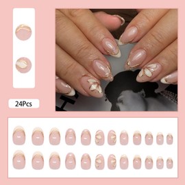 24Pcs Short Almond Press on Nails Reusable Fake Nails Glitter French Tip False Nails with 3D Stripes Flower Design Spring Summer Nails Acrylic Nails Press ons Artificial Glue on Nails for Women