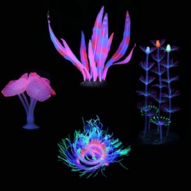 Filhome Glowing Fish Tank Decorations, 4 pcs Glow Aquarium Decor Set, Multicolor Underwater Themed Plants (Pink Coral, Green Anemone, Purple Feather Coral, Pink Kelp)