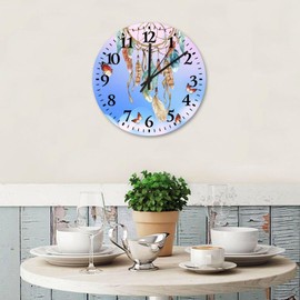 15 Inch Silent Non-Ticking Wall Clocks Battery Operated Boho Moon Dream Catcher Feather Home Decoration for Hotel Bohemian Style Pictures Custom Round Wooden Wall Clock Vintage for Indoor Girls Room