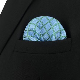 S&W SHLAX&WING Mens Pocket Square Checkered Green Azure Baby Blue Pattern for Suit Jacket Large