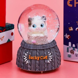 A.F.N.A.L Snow Globe with Light Gift, Crystal Musical Glitter Ball for Christmas & Birthday, 80mm Glass Water Globe Decoration, Lucky Cat Snowglobe, 3.3" x 3.3" x 4.7"
