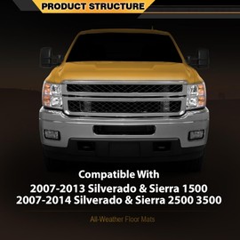 G-PLUS Floor Mats Compatible with Chevy Silverado/GMC Sierra 1500 Crew Cab 2007-2013 All Weather Full Cover Protection Front & Row Cargo Liners Floor Liner Black 3PCS