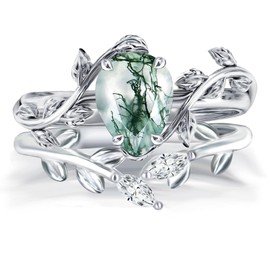 Natural Moss Agate Ring Set 925 Sterling Silver Green Leaf Moss Agate Engagement Ring Wedding Promise Ring Set Jewelry for Women, S925 Sterling Silver, moss agate