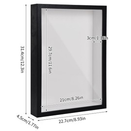 A4 3D Shadow Box Frame, 22.7x31.4cm 3D Picture Frame Shadow Deep Box for Wall and Tabletop, Wooden 3D Photo Frame Display Box for Medal Flower Tickets Crafts Memorabilia (Black 3 cm)