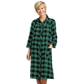 AmeriMark Women's Flannel Calf Length Snap Front Duster House Coat – Plush Bath Robe – Loose Plaid Bathrobe ¾ Sleeves