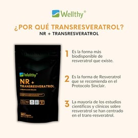 Wellthy NR y Tranresveratrol 180 Caps. B Nicotinamide Riboside, Resveratrol de Alta Biodisponibilidad, 1000mg Por Porción, VCaps Cápsulas Veganas, Bot