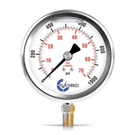 CARBO Instruments 4" Pressure Gauge, Stainless Steel Case, Chrome Plated Brass Connection, Liquid Filled, 0-1000 psi/kPa, Lower Mount 1/4" NPT