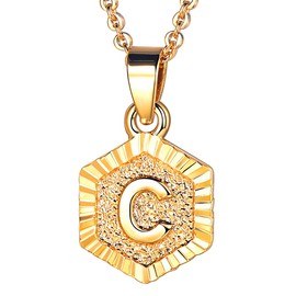 Focalook 26 letters A B C initial letters, pendant with 45 cm / 50 cm Rolo chain, hexagon/rectangle tag necklace for women, girls pendant loop, adjustable gold/ silver available for selection., c