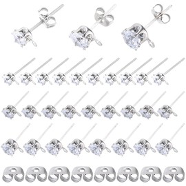 SOFPLATE 1 Box 60Pcs 3 Sizes Rhinestone Earring Post Stud Earrings with Loop 60Pcs Brass Ear Backs 925 Sterling Silver Plated Pins Cubic Zirconia Earring Studs Findings for Jewelry Making Supplies