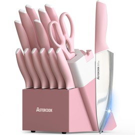 Astercook Knife Set, Kitchen Knives Set with Block and Sharpener 15 Pcs German Stainless Steel Knives Sharp Blade Dishwasher Safe Deba Knives with Ergonomic Handle, Crystal Pink