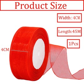 45 m Organza Ribbon, Red, 38 mm Wide, Chiffon Gift Ribbon, Transparent Organza Ribbon, Chiffon Ribbon, Decorative Ribbon, Gift Wrapping, Decorative Ribbon, Tulle Ribbon for Christmas, Wedding,
