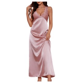 WDIRARA Women's Lace Backless Sexy Long Satin Sleepwear Deep V Neck Sleeveless Nightgown Pink Small