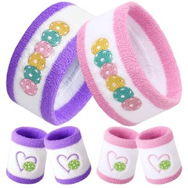 Chicingyou 6 Pcs Sport Sweatband Set for Men Women Including 4 Wristbands and 2 Headband Cotton Sweat Bands Headband Set for Sports Golf Yoga Tennis Running Gift(Pink, Purple,Cute Style)