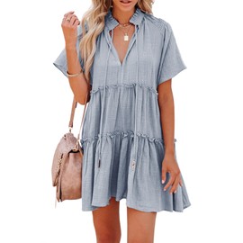 Womens Split V Neck Drawstring Neck Tie Ruffle Tiered Dress Short Sleeve Babydoll Tunic Swing Mini Dresses Sundresses Grey