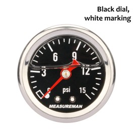 MEASUREMAN 1.5" Black Dial, 304 Stainless Steel case, Liquid Filled Fuel Pressure Gauge, 0-15Psi, 3-2-3%, 1/8" NPT Center Back Mount