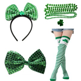 4 Pcs Product Set Includes St. Patrick'S Day Bow Headband, Bow Hair Clip, Pendant and Over-the-Knee Socks, Suitable for Women and Girls to Wear on St. Patrick'S Day to Show Their Temperament (Green)