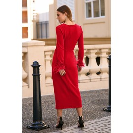 PRETTYGARDEN Women's 2024 Fall Long Sleeve Dress Formal Midi Bodycon Wrap Slit Feather Elegant Wedding Guest Cocktail Dresses (Red,Small)