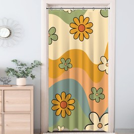 Visioun Small Stall RV Half Size 70s Cute Retro Floral Aesthetic Shower Curtain for Bathroom 36W*72H Inch Abstract Daisy Funky Bathtub Decor Waterproof Polyester Fabric Set with 12 Hooks(6 Holes)