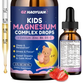 Kids Magnesium Liquid Drops - Magnesium Glycinate Liquid for Kids Calcium, Omega-3, L-theanine, & Vitamin D3,B6,C for Sleep, Relaxation, Calm & Focus - Strawberry Flavor, 2 Fl Oz