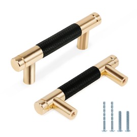 Zernmiarder Knurled Cabinet Pulls 2 Pack, 3.5 Inch Long Cabinet Handles Cabinet Door Handle, Kitchen Drawer Pulls Metal Dresser Pulls Knurled Cabinet Hardware - 2 1/2" Hole to Hole, Black & Gold