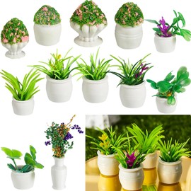 Chuangdi 12 Pieces Miniature Dollhouse Plant Flowers Mini Potted Plant Artificial Tiny Greenery Ornament Miniature Hanging Potted Plant Faux Flower Model Dollhouse Decoration, 6 Types