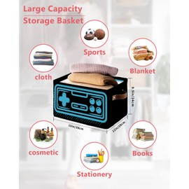 Video Game Cube Storage Organizer Bins with Handles,1PC Collapsible Canvas Cloth Fabric Storage Basket,Blue Gamer Kids Boys Gamepad Console Game Controller Bin Boxes for Shelves