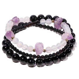 Xfoxstal Wrap Obsidian/Agate/Raw Amethyst Beaded Bracelets Stretch Boho Yoga Meditation Healing Crystals Bracelets for Women Relaxation Gifts