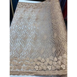 NEW CREATIONS FABRIC AND INC PEACH TREE DESIGN WITH FLOWERS AND GLITTER SEQUINS ON A MESH LACE-BY YARD.