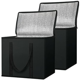 BALEINE 2Pk Insulated Reusable Grocery Bags, Collapsible Cooler Bag for Groceries, Heavy Duty Large Insulated Bag (Charcoal Black)