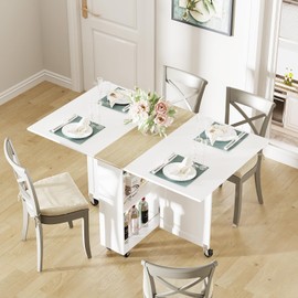 3imothrix Folding Dining Table, Versatile Foldable Kitchen Dinner Table with Drawer 2 Storage Racks and 6 Wheels, Space Saving Dining Table Collapsible Expandable Rectangle for Small Spaces