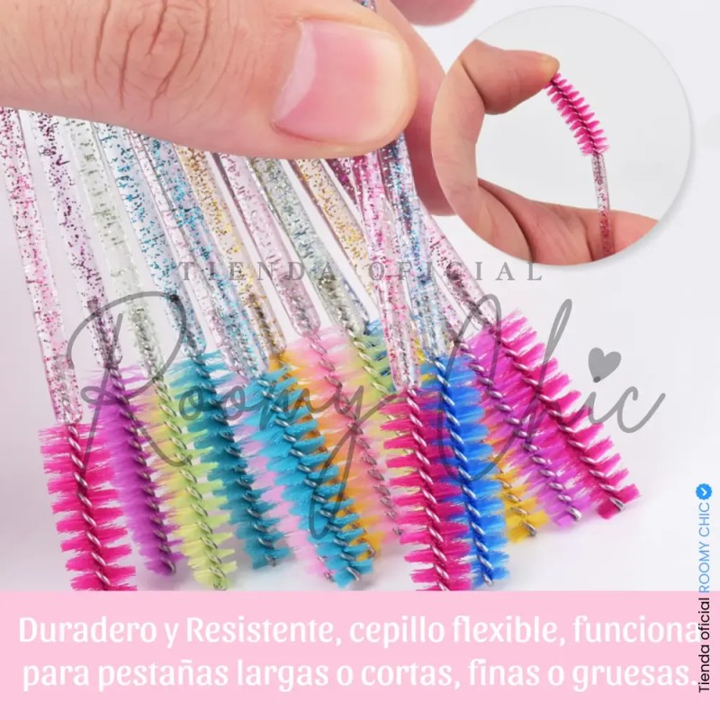 600 Cepillos Desechables Glitter Extensión Pestañas Mink Sinético Roomy Chic