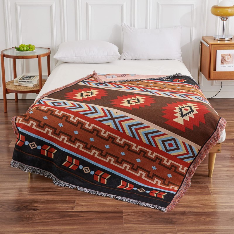 LHGOGO Bohemian Patterned Woven Sofa Throw Blanket with Tassels, Double-sided