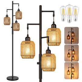 ROTTOGOON Dimmable Boho Floor Lamp - 3 Light Farmhouse Rattan Floor Lamp for Living Room, Industrial Tree Floor Lamps with 3 X 6W LED Bulbs, Rustic Standing Tall Lamp for Bedroom, Office, 68", Black