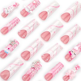 Long Press on Nails Square Fake Nails White French Tip False Nails Glitter Glue on Nails with Cute Charm and Bow Designs Acrylic Nails Press ons Full Cover Stick on Nails for Women Manicure
