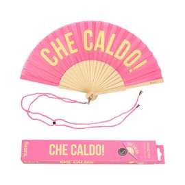 Fisura Original Hand Fan with the Message Che Caldo Modern and Funny Wooden Fan Pink and Yellow Fan Fan with Fan Holder Dimensions: 42.5 x 23 cm