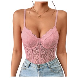 Milumia Women's Floral Lace Sheer Mesh Corset Bodysuit Spaghetti Strap Cami Top, All Light Pink, Large