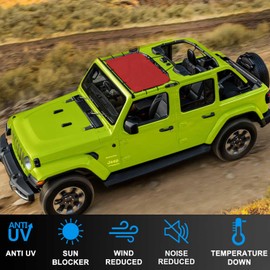 Coverspec JT JL Top Sun Shade Roof Compatible with Jeep Wrangler and Gladiator 2 or 4 Door 2018 to 2023 Sunshade Sunroof Blocks UV Wind Noise Cherry Red Mesh for Front