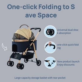 Small Pet Stroller, Gold All-Terrain Dog Carriage, Foldable Design with Canopy, Black and Beige Cat Stroller Detachable Carrier Suitable for Car Seat & Hand Carry, Safe Outings