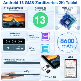11 Inch Tablet Android 13 Tablets 16GB RAM 256GB ROM 1TB Expand 2024 Newest, 2K Display 2000 x 1200, Octa-Core, 8600mAh, Split Screen, Quad Speakers, 5G WiFi, 13MP Triple Camera, GPS - Blue with Case