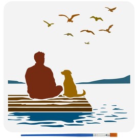 FINGERINSPIRE Stencil for People and Dogs with 1 Piece Plastic Brush 30 x 30 cm Coastal Landscape Template Stencil with Flying Birds Human Dog Pattern Template for DIY Wall Decoration