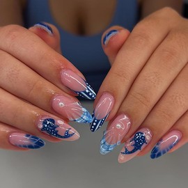 Blue French Tip Press on Nails Dolphin Almond Shaped Fake Nails with Peal Designs Full Cover Reusable Stick on Nail Summer Ocean Glue on Nails Blue Tip Cute Medium False Nail for Women 24Pcs