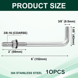 10 Pieces Anchors Bolts 3/8-16 x 6 Inches 304 Stainless Steel Concrete J Bolts Cement Post Anchor Bolts Fastener with Nut Washer Bracket for Concrete Pad Pouring Wood Concrete Projects