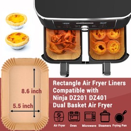 EKACO 100PCS Air Fryer Liners for Ninja, 8.6 x 5.5 inch Disposable Air Fryer Paper Dual Basket, Non-Stick Unbleached Parchment Paper Baking Accessories Liners for Natural Ninja DZ201 DZ401