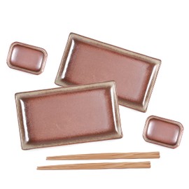 Hinomaru Collection Reactive Glaze Porcelain Blossom Design 6 Piece Sushi Dinner Set Rectangular Sushi Plate Sauce Dish and Chopsticks Sushi Dinner Set for Two (Brown Beige)