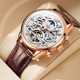 OLEVS Men Skeleton Watch Automatic Designer Luxury Mechanical Wrist Watches Brown Leather Dress Casual Moon Phase Luminous Waterproof